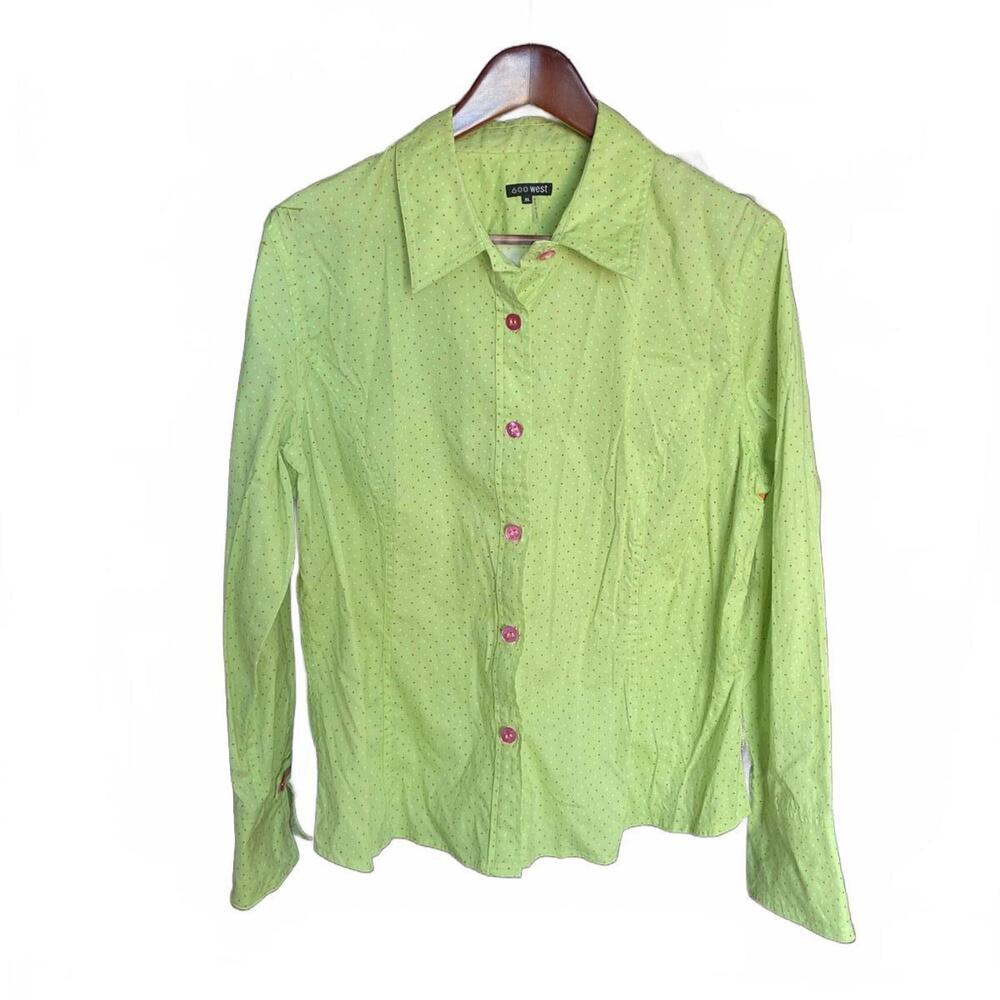 600 West Vintage Vibe 70s Inspired Polka Dot Lime Green Button Up Shirt Size XL